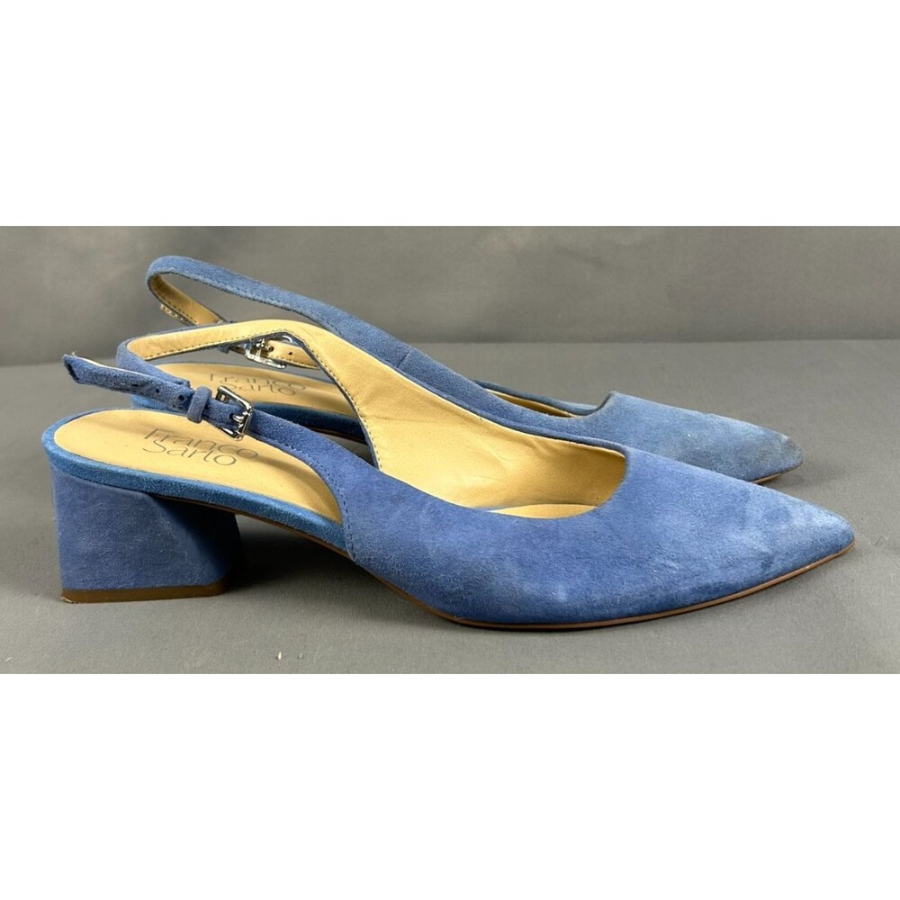 Franco Sarto L-Racer Blue Suede Pointed Toe Slingback Block Heel Pumps 9.5M